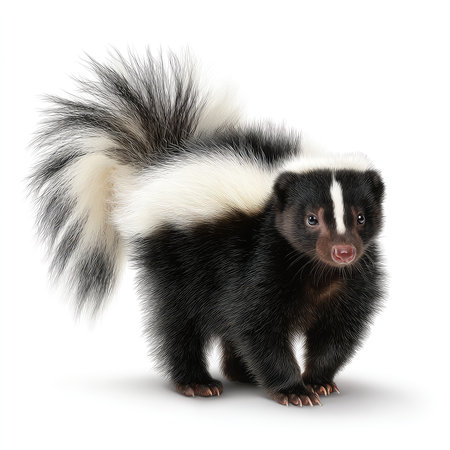 This image features an isolated skunk captured in stunning detail, showcasing its distinctive black and white fur. Ideal for creative projects.の写真素材
