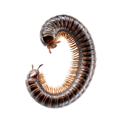 This image features an isolated millipede captured on a clean white background, showcasing its intricate structure and detailed anatomy for educational and scientific purposes.の写真素材