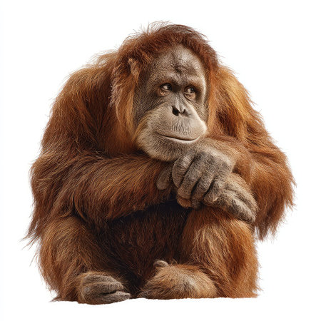 This high-quality isolated portrait of an orangutan showcases the animal's calm demeanor and expressive features. Perfect for nature enthusiasts and conservation initiatives.の写真素材