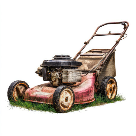 Detailed image of an isolated lawn mower resting on grass, showcasing its weathered design and functional aspects for outdoor scenes.の写真素材