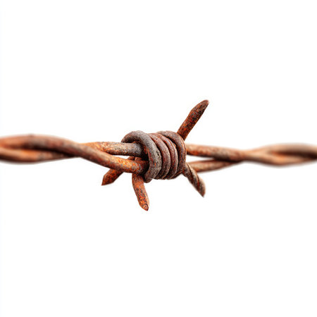 This high-quality image showcases a close-up of rusty barbed wire isolated on a white background, perfect for creative visuals.の写真素材