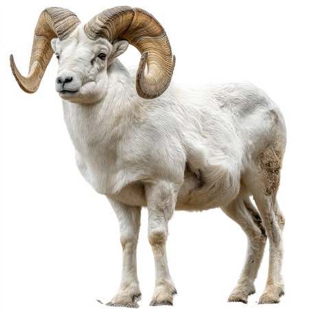 An isolated white sheep with distinct curved horns stands majestically against a white background, ideal for stock photo use. Perfect for nature and agriculture themes.の写真素材