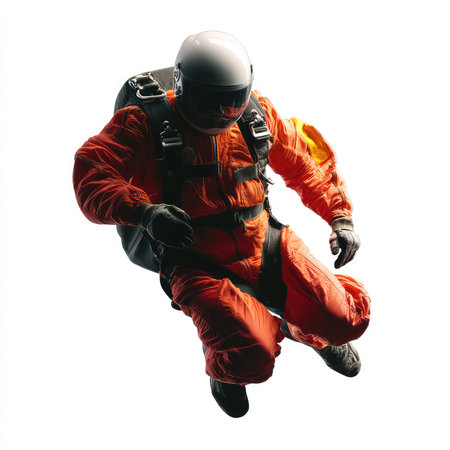 This high-quality cutout features a solitary skydiver in an orange jumpsuit falling against a stark white background. Perfect for adventure and extreme sports themes.の写真素材