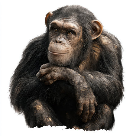 This high-quality cutout features an isolated chimpanzee showcasing a thoughtful expression and intricate details. Perfect for educational and conservation themes.の写真素材