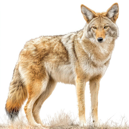This isolated coyote cutout showcases intricate details and realistic fur textures, perfect for nature-themed projects and wildlife presentations.の写真素材