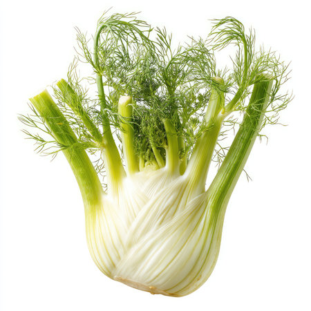 A fresh fennel bulb topped with vibrant green fronds, beautifully isolated on a white background, perfect for culinary photographs and food-related projects.の写真素材