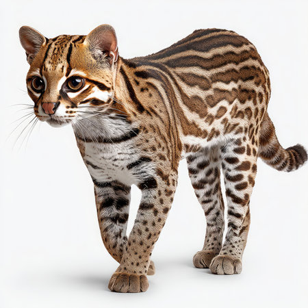 This high-quality cutout features an isolated Margay cat standing against a clean background....