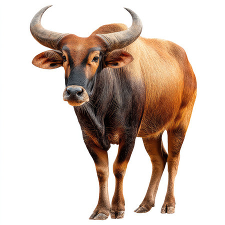 This high-quality image features an isolated cutout of a banteng, showcasing its impressive horns...
