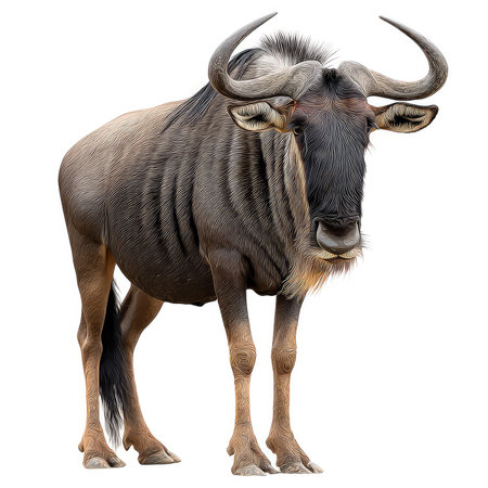 This high-quality isolated cutout image features a detailed gnu, showcasing its distinctive anatomy...