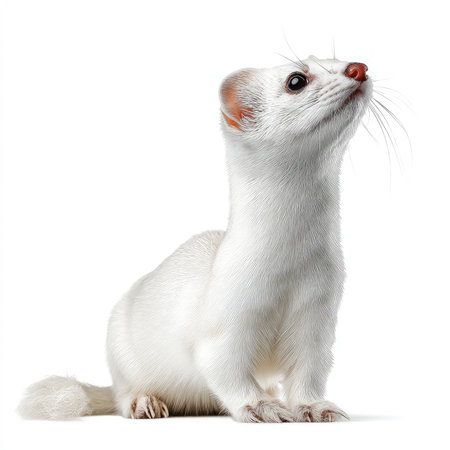 This captivating image features an isolated ermine with a striking white coat, poised gracefully against a clean backdrop. Perfect for various creative and natural themes, this photo highlights the beauty and elegance of this unique mammal.の写真素材