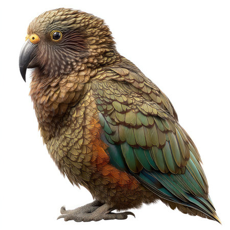 This isolated cutout showcases a stunning kea parrot with intricate feather patterns and vibrant...
