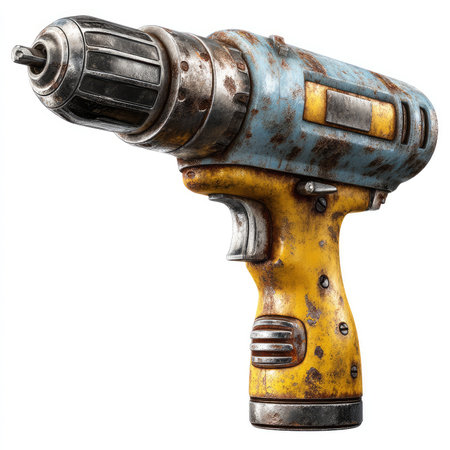 This isolated vintage drill showcases a unique blue and yellow color scheme, featuring quality details and a worn surface. Perfect for creative, industrial designs and projects.の写真素材