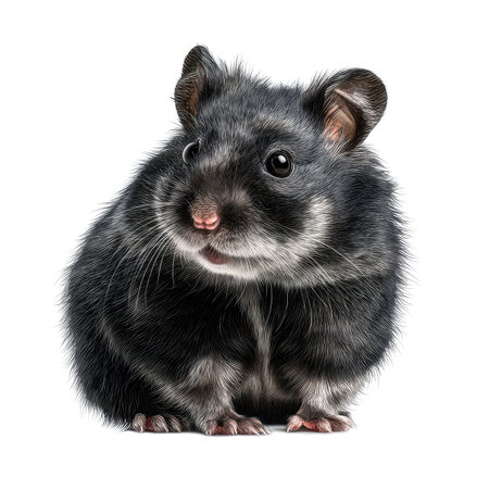 This stunning image features a black hamster isolated on a clean white background, showcasing its cute features and fluffy fur. Ideal for various projects.の写真素材