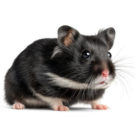 This high-quality image features a black hamster isolated on a white background, showcasing its adorable features in detail. Perfect for animal lovers.の写真素材