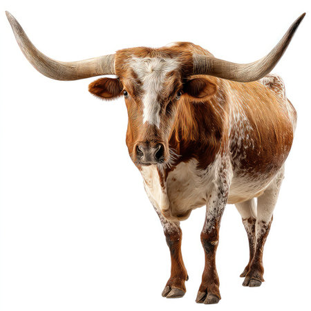 High-quality isolated image of a Longhorn cow showcasing its impressive horns and distinct coat patterns. Perfect for diverse stock uses.の写真素材