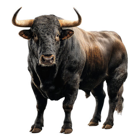 A strong and majestic bull is presented in a high-quality cutout, showcasing its powerful physique and prominent horns, perfect for various agricultural and wildlife projects.の写真素材