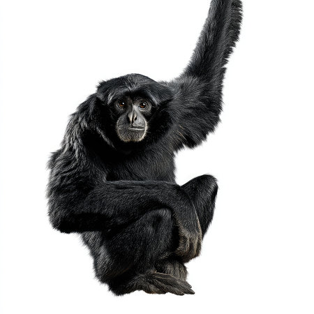 This high-quality cutout image features an isolated Siamang gibbon, showcasing its unique features and serene expression in a natural pose.の写真素材