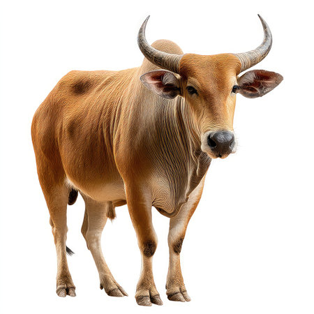 This high-quality cutout features a proud banteng cattle standing in isolation against a white background, showcasing its natural beauty and unique characteristics.の写真素材