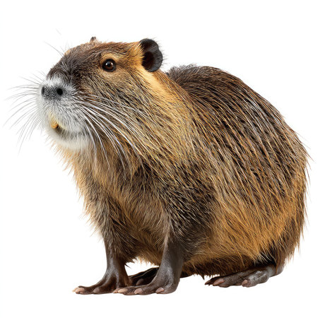 This isolated cutout image features a nutria showcasing its distinct fur textures and facial details, ideal for various projects.の写真素材