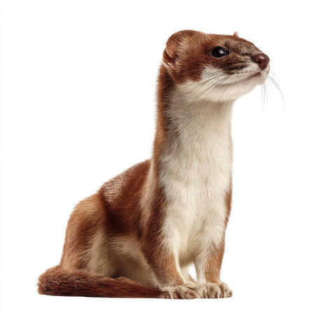 This high-quality image features an isolated stoat cutout against a pristine white background,...