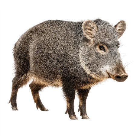 This detailed cutout image of a javelina showcases its unique features and fur texture against a...