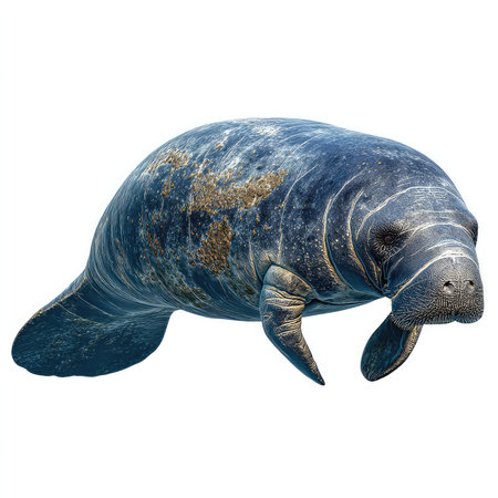 This high-quality image features an isolated manatee cutout, ideal for wildlife presentations or educational purposes. The serene aquatic mammal showcases its natural beauty in stunning detail.の写真素材