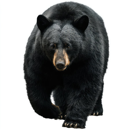 This striking image features an isolated black bear walking towards the viewer. The clean cutout against a neutral background emphasizes the bear's detailed fur and powerful stance, making it ideal for nature-themed projects.の写真素材