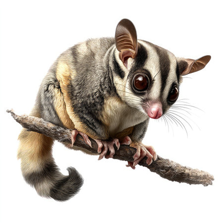 This detailed close-up showcases a sugar glider perched on a branch, highlighting its unique...