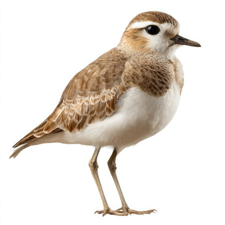 This high-quality image features an isolated mountain plover standing against a pristine white...