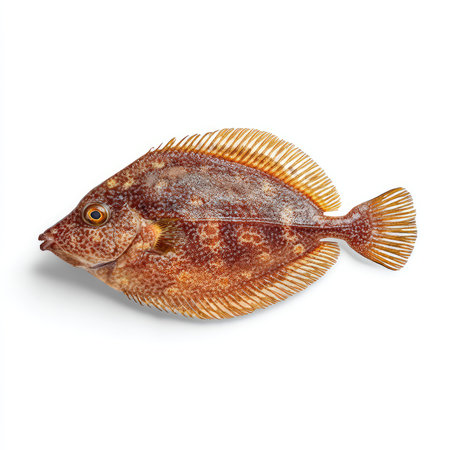 This isolated cutout of a flounder fish showcases its unique shape and texture, ideal for culinary...