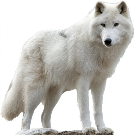 Stunning isolated portrait of an Arctic wolf showcasing its striking white fur and focused demeanor...