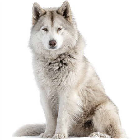 This stunning isolated cutout of an Arctic dog showcases its beautiful fur and calm demeanor, making it ideal for animal or nature-themed projects.の写真素材