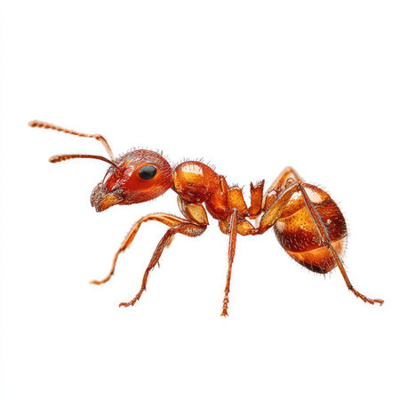 This close-up image showcases a red ant in stunning detail, isolated on a clean white background....