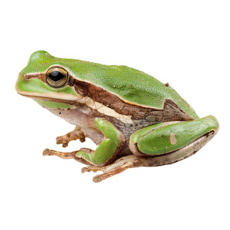 This high-quality image features an isolated green Hyla frog, showcasing its vibrant coloration and...