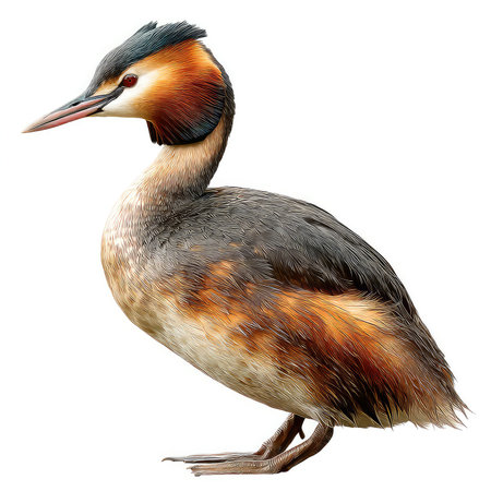 This isolated cutout features a grebe bird, showcasing its intricate plumage and vibrant colors....