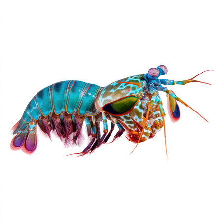 Discover a vibrant mantis shrimp isolated on a white background, showcasing its vivid colors and details. Ideal for marine life imagery.の写真素材