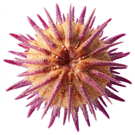 This stunning isolated sea urchin image showcases its unique and vibrant spiny texture, perfect for...