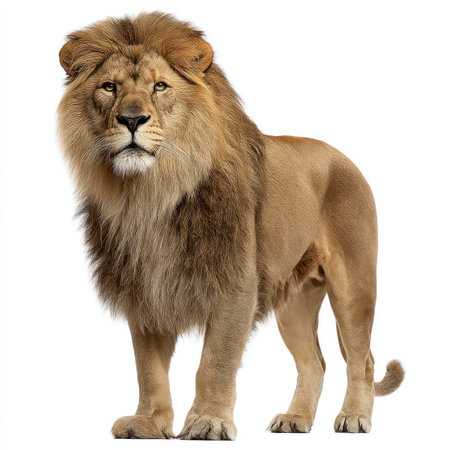 This striking image features a majestic lion isolated on a pristine white background, perfect for...