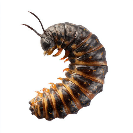 Isolated cutout of a maggot against a clean backdrop, showcasing intricate details of its body...