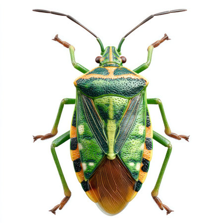 A stunning close-up image of a vibrant green bug set against an isolated background. This...