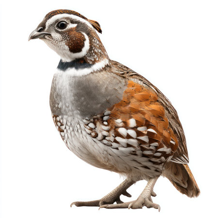 A stunning isolated cutout of a quail bird showcasing rich colors and intricate feather patterns....