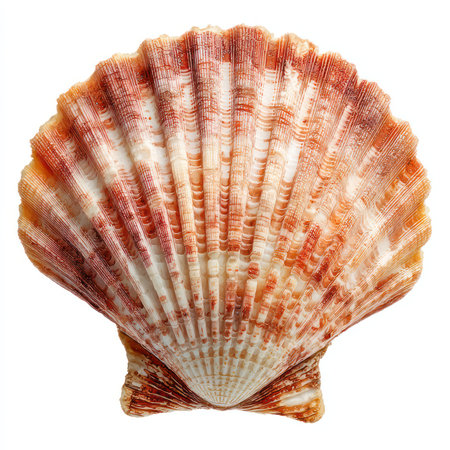 This high-quality image features an isolated scallop shell with vibrant colors and intricate...
