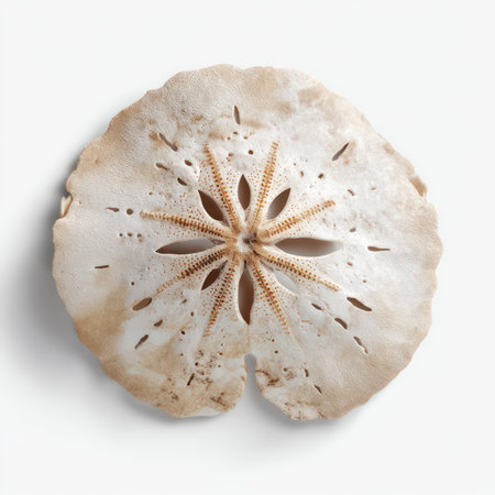 This image features an isolated sand dollar on a white background, showcasing its unique patterns...