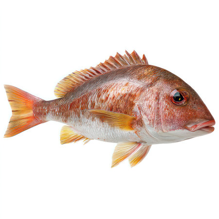 This isolated high-quality cutout features a vibrant snapper fish, ideal for culinary, marine...