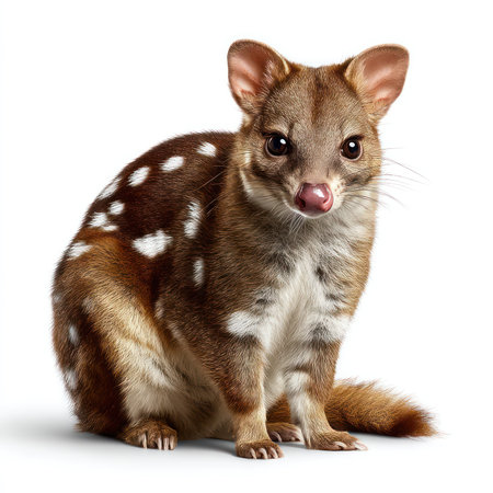 This high-quality image features an isolated quoll cutout against a white background, showcasing its unique spots and cute features. Perfect for illustrating wildlife topics.の写真素材