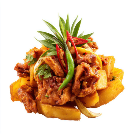 A beautifully arranged plate of crispy fried tahu garnished with fresh vegetables and spices.の写真素材