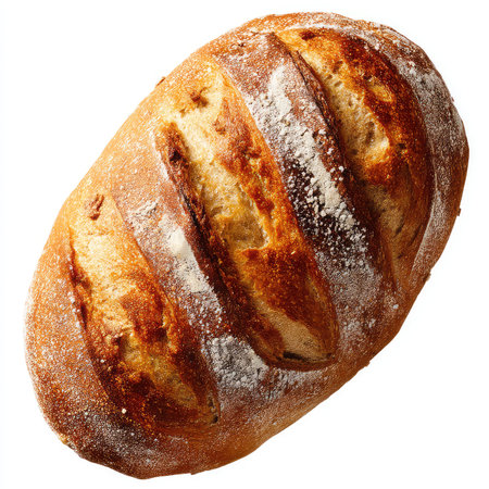 This high-quality isolated image features a freshly baked artisan bread loaf with a beautiful golden...