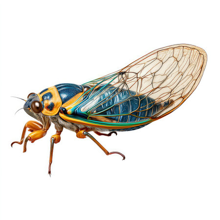 Discover a stunning isolated cutout of a cicada, featuring a vibrant, detailed body and translucent...