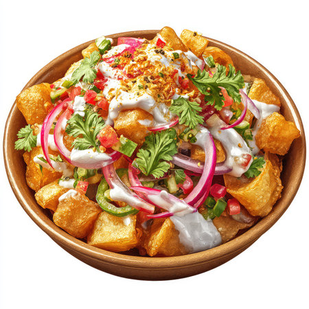 Indulge in this vibrant bowl of chaat, featuring crispy potatoes, fresh vegetables, and a creamy...