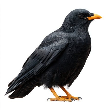 Stunning portrait of an isolated alpine chough showcasing its striking black feathers and vibrant...